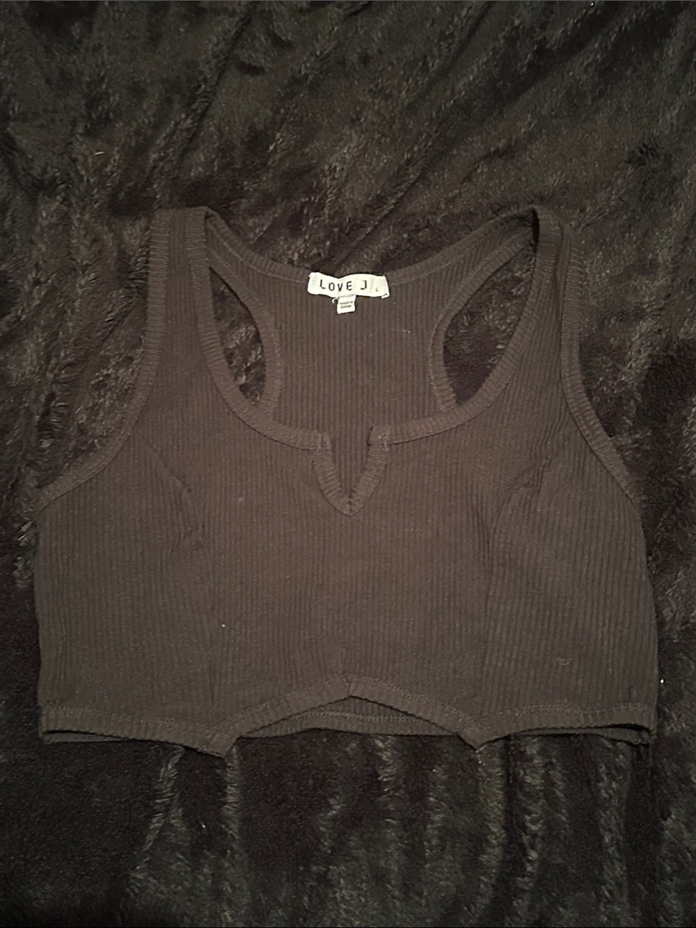 love J Black Ribbed Notch-Front Crop Tank